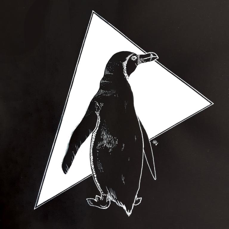 Weiße Tintenzeichnung eines Pinguins vor einem weißen Dreieck