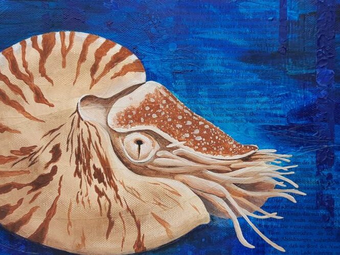Nautilus mit blauem Hintergrund, durch den Worte durchscheinen