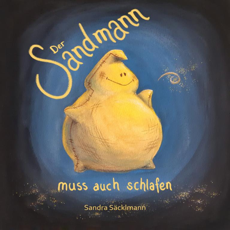 Fiktives Kinderbuchcover mit einem müden Sandsack, der Schlafsand verstreut