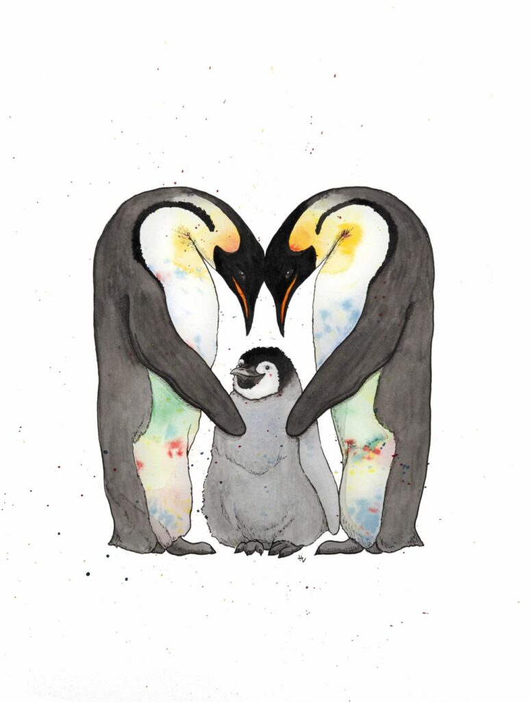 Aquarell zweier Kaiserpinguine mit Küken mit bunten Farbspritzern