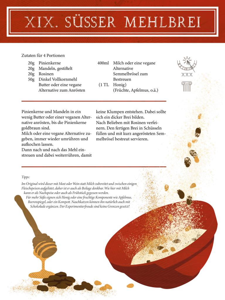 Seite aus einem Kochbuch mit Überschrift, Rezept, Tipps und der Illustration einer roten Schüssel, in die Zutaten hineinfallen