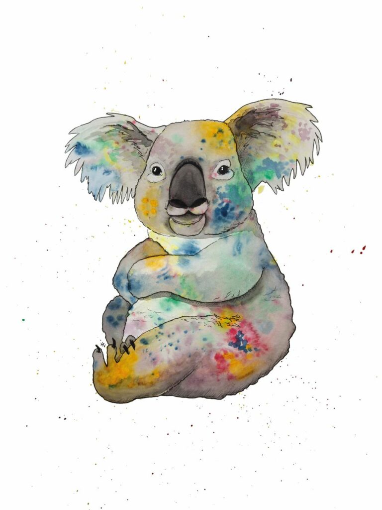 Aquarell eines Koalas, der zufrieden sitzt, mit bunten Farbspritzern