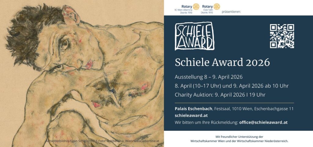 Flyer des Schiele Arwards 2026, links ist ein Selbstbildnis von Egon Schiele, rechts ist Text mit Angaben zu Datum, Uhrzeit und Ort der Feierlichkeiten u.a.