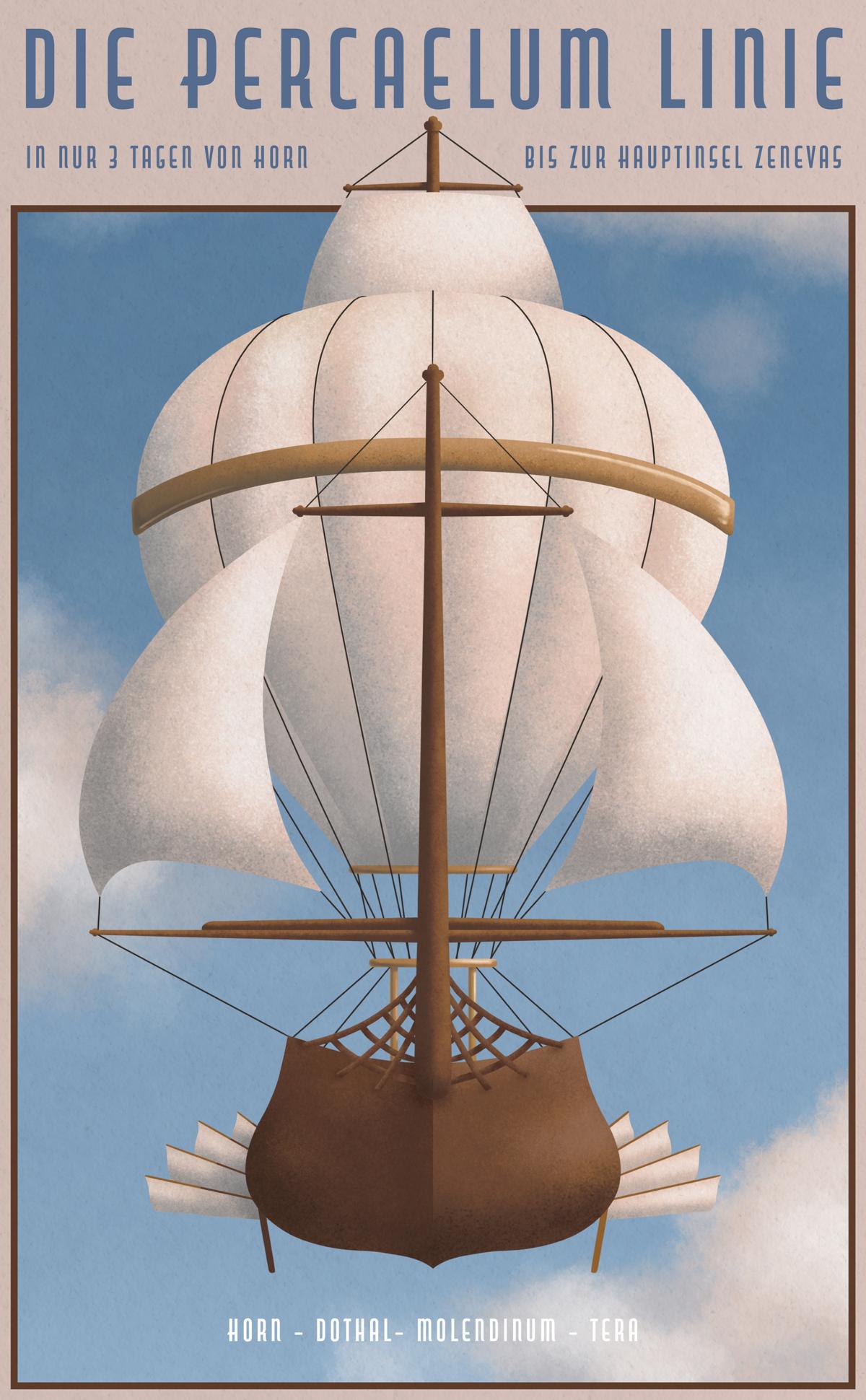 Reiseplakat mit fliegendem Segelschiff