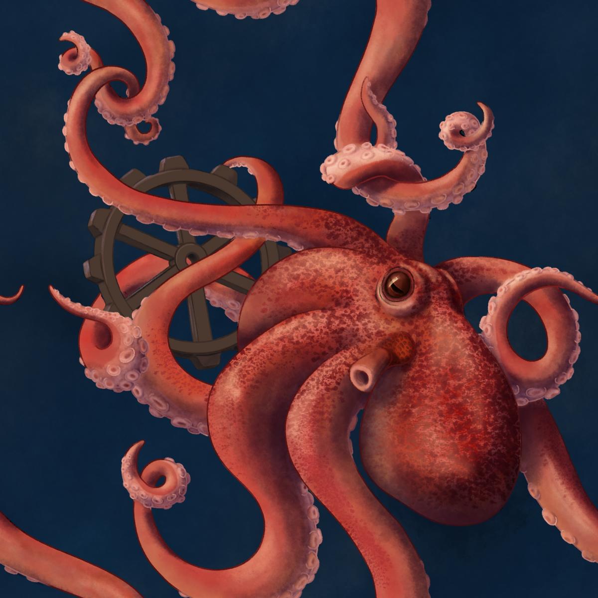 Randlose Textur mit dem Motiv eines roten Oktopus, der mit seinen Tentakeln ein Steuerrad umschlingt